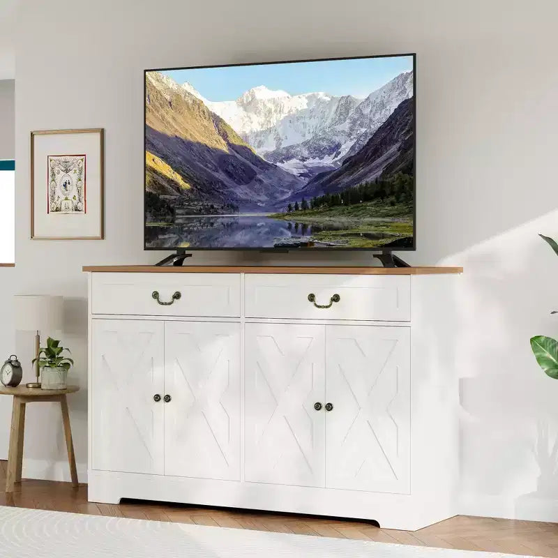 Credenza da fattoria da 57 pollici con contenitore, con 4 ante e 2 cassetti, armadietto da caffè con ripiani regolabili, contenitore multifunzione per sala da pranzo