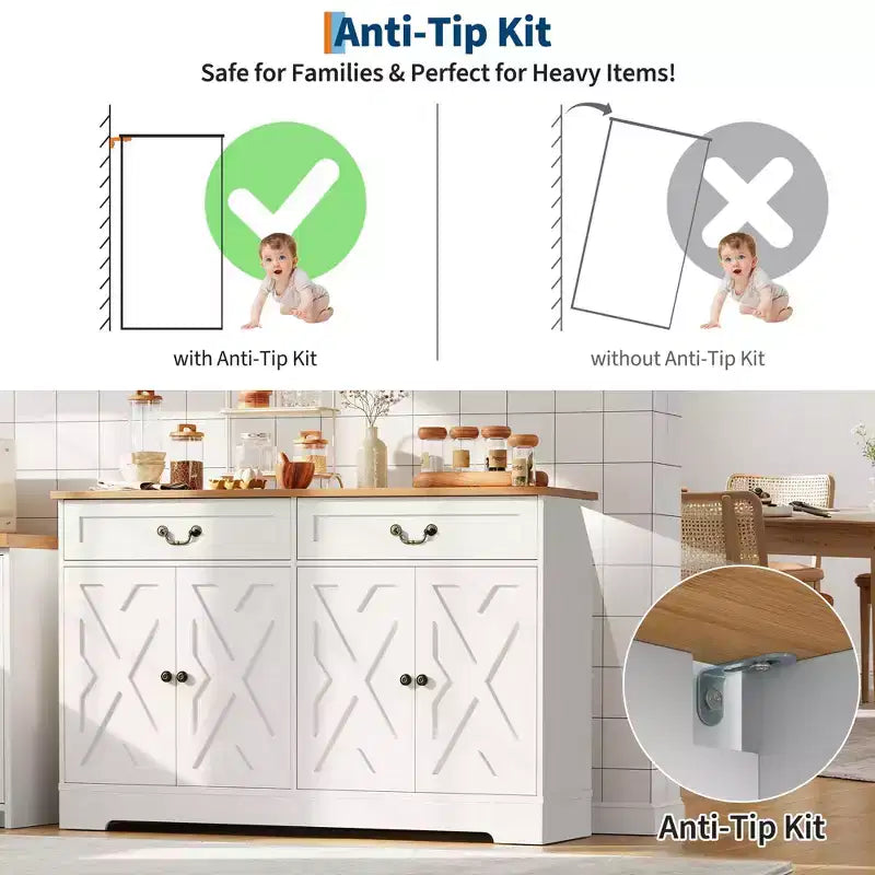 Credenza da fattoria da 57 pollici con contenitore, con 4 ante e 2 cassetti, armadietto da caffè con ripiani regolabili, contenitore multifunzione per sala da pranzo