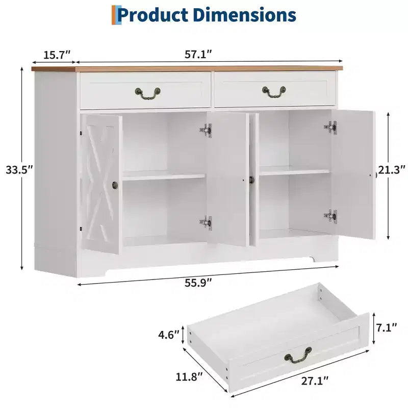 Credenza da fattoria da 57 pollici con contenitore, con 4 ante e 2 cassetti, armadietto da caffè con ripiani regolabili, contenitore multifunzione per sala da pranzo