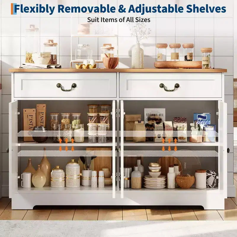 Credenza da fattoria da 57 pollici con contenitore, con 4 ante e 2 cassetti, armadietto da caffè con ripiani regolabili, contenitore multifunzione per sala da pranzo