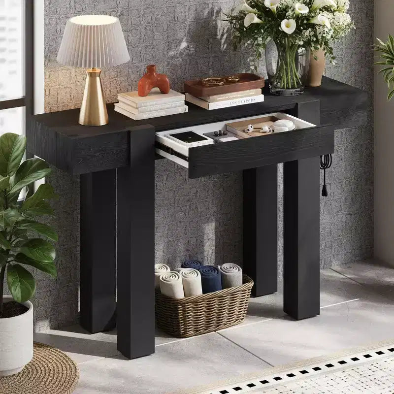 Polibi Solid Wood Console Table with Hidden Storage and Built-in Charging Hub