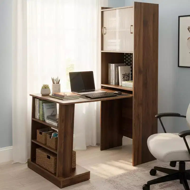 Homy Casa Folding Writing Desk with Storage Cabinet and Open Shelves for Home Office, Walnut