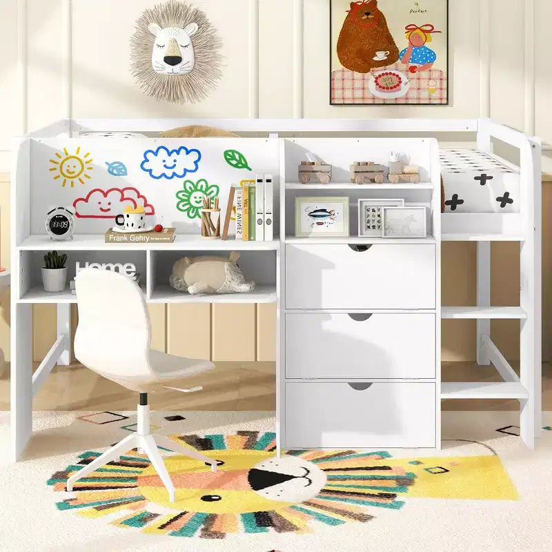 JVNOXK Full Size Low Loft Bed with Built-in Desk,Storage Cabinets and Open Bookcase,Whiteboard for Graffiti,White