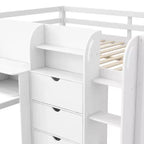 Letto a soppalco basso a una piazza e mezza con scrivania integrata, mobili contenitore e libreria aperta, lavagna per graffiti, bianco