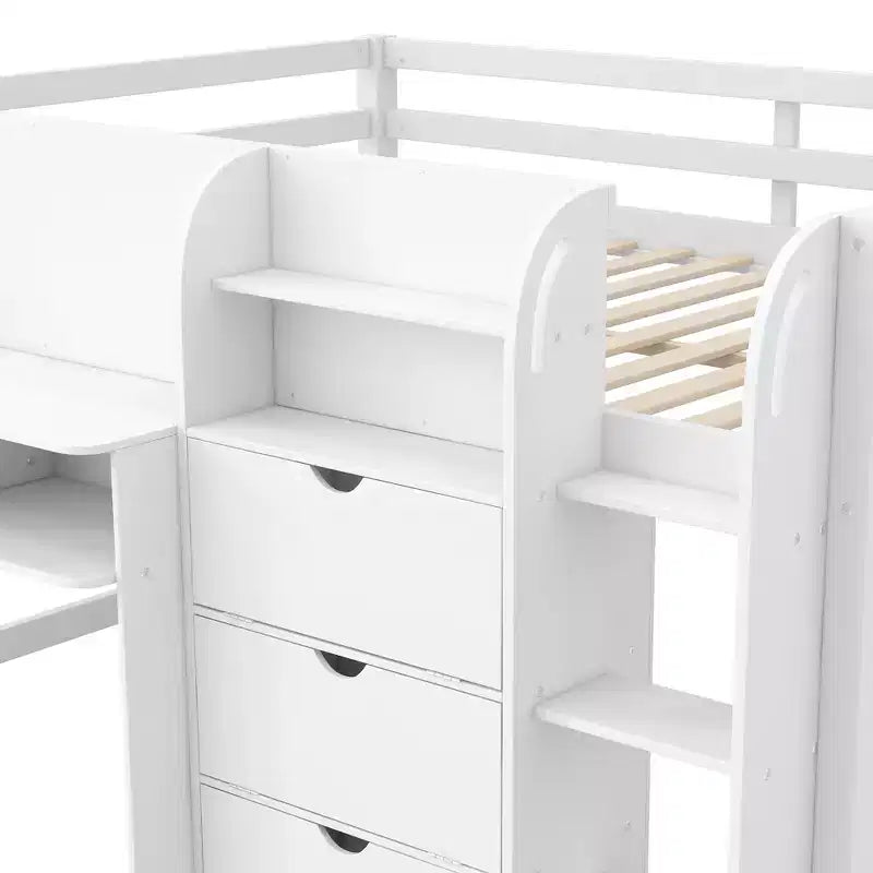 Letto a soppalco basso a una piazza e mezza con scrivania integrata, mobili contenitore e libreria aperta, lavagna per graffiti, bianco