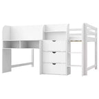 Letto a soppalco basso a una piazza e mezza con scrivania integrata, mobili contenitore e libreria aperta, lavagna per graffiti, bianco