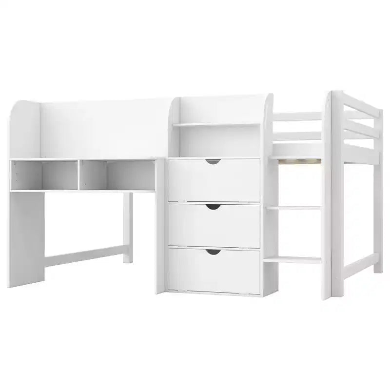 Letto a soppalco basso a una piazza e mezza con scrivania integrata, mobili contenitore e libreria aperta, lavagna per graffiti, bianco