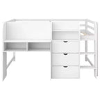Letto a soppalco basso a una piazza e mezza con scrivania integrata, mobili contenitore e libreria aperta, lavagna per graffiti, bianco