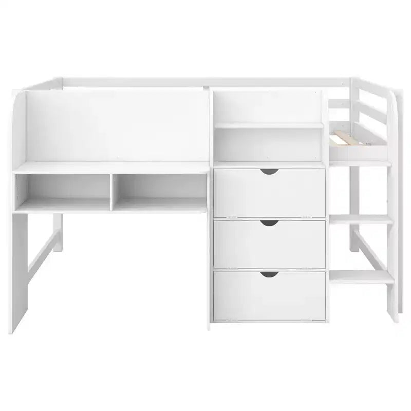 Letto a soppalco basso a una piazza e mezza con scrivania integrata, mobili contenitore e libreria aperta, lavagna per graffiti, bianco