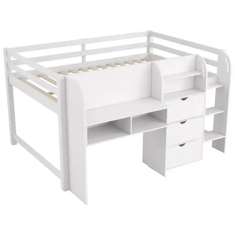 Letto a soppalco basso a una piazza e mezza con scrivania integrata, mobili contenitore e libreria aperta, lavagna per graffiti, bianco
