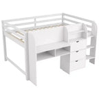 Letto a soppalco basso a una piazza e mezza con scrivania integrata, mobili contenitore e libreria aperta, lavagna per graffiti, bianco