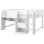 Letto a soppalco basso a una piazza e mezza con scrivania integrata, mobili contenitore e libreria aperta, lavagna per graffiti, bianco
