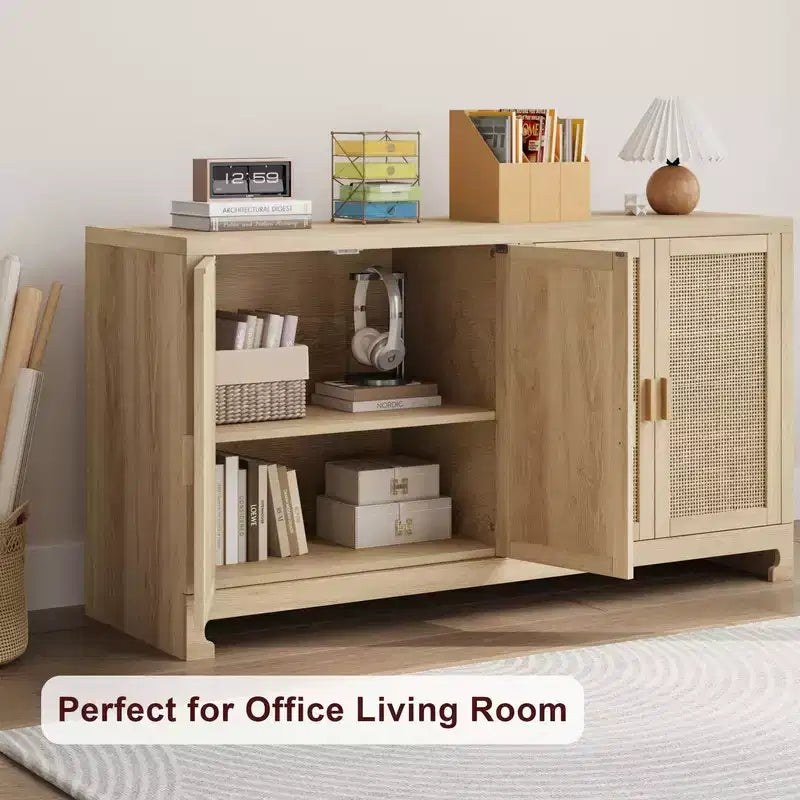 Credenza/Madia in Rattan, Consolle Contenitore in Stile Rustico con Ripiani Regolabili per Sala da Pranzo e Salotto