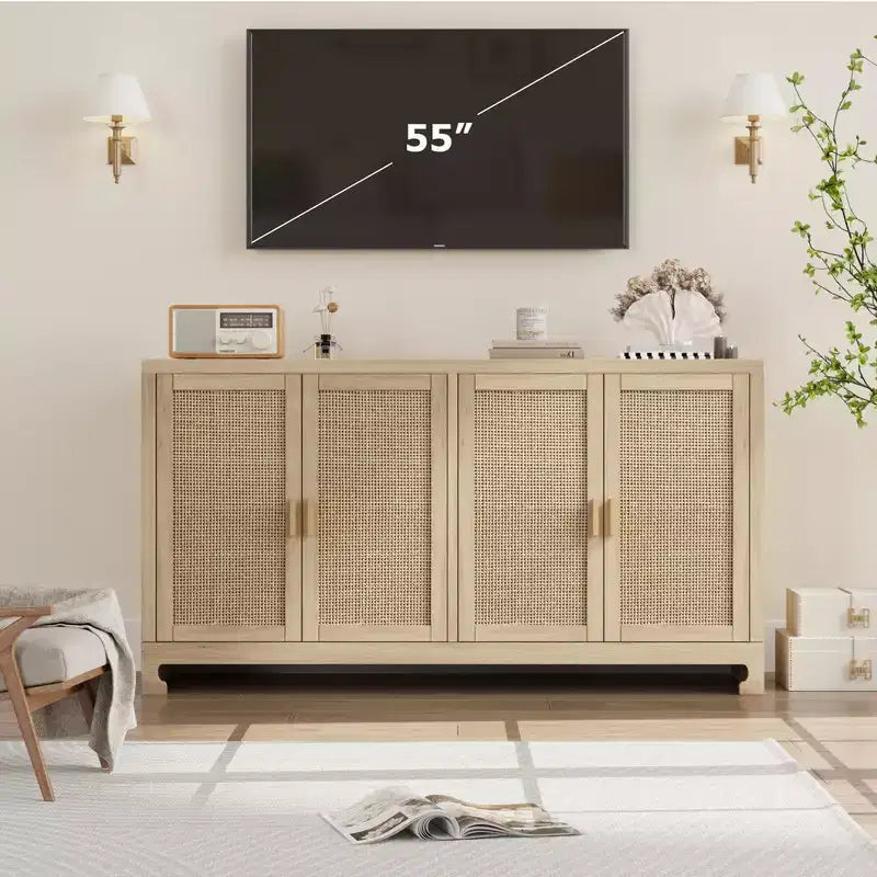 Credenza/Madia in Rattan, Consolle Contenitore in Stile Rustico con Ripiani Regolabili per Sala da Pranzo e Salotto