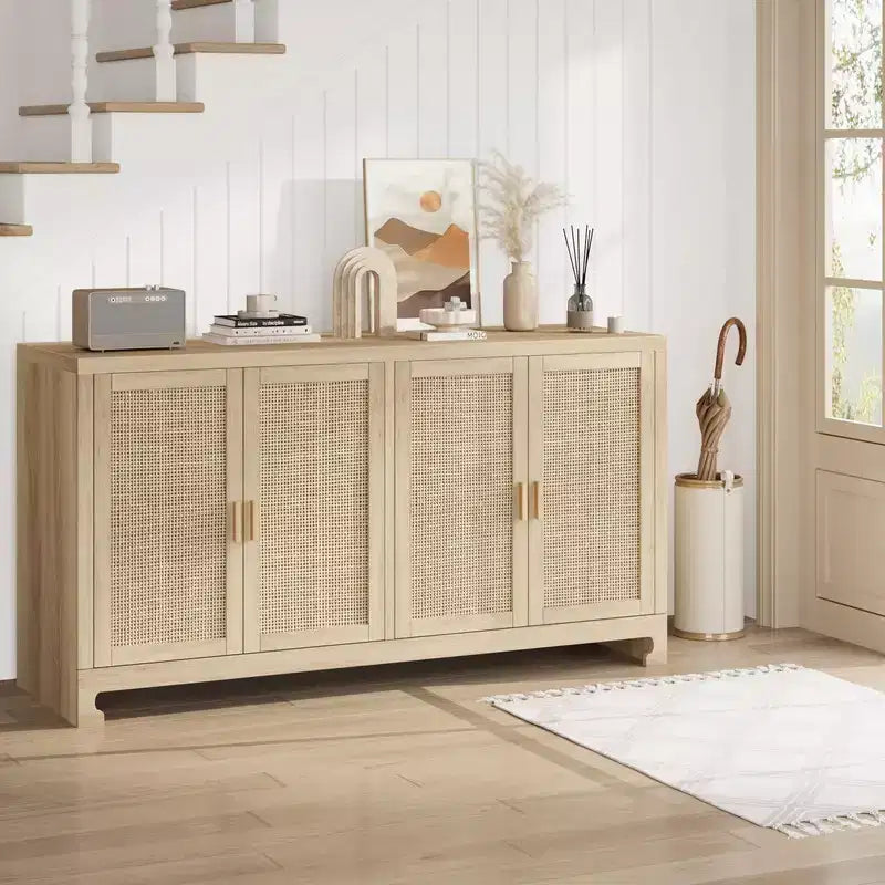 Credenza/Madia in Rattan, Consolle Contenitore in Stile Rustico con Ripiani Regolabili per Sala da Pranzo e Salotto
