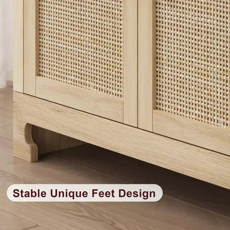 Credenza/Madia in Rattan, Consolle Contenitore in Stile Rustico con Ripiani Regolabili per Sala da Pranzo e Salotto