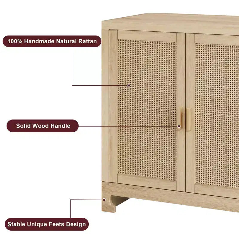 Credenza/Madia in Rattan, Consolle Contenitore in Stile Rustico con Ripiani Regolabili per Sala da Pranzo e Salotto