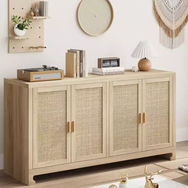 Credenza/Madia in Rattan, Consolle Contenitore in Stile Rustico con Ripiani Regolabili per Sala da Pranzo e Salotto