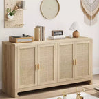 Credenza/Madia in Rattan, Consolle Contenitore in Stile Rustico con Ripiani Regolabili per Sala da Pranzo e Salotto