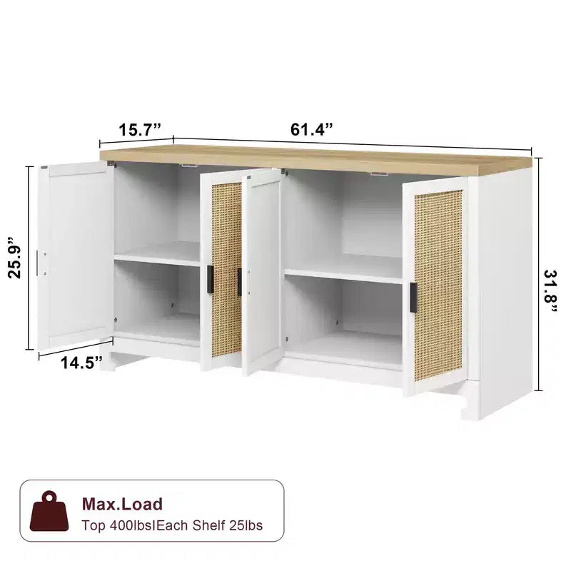 Credenza/Madia in Rattan, Consolle Contenitore in Stile Rustico con Ripiani Regolabili per Sala da Pranzo e Salotto