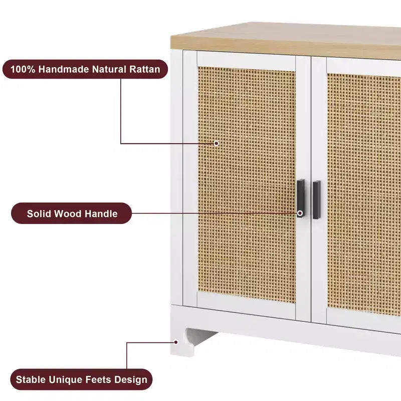 Credenza/Madia in Rattan, Consolle Contenitore in Stile Rustico con Ripiani Regolabili per Sala da Pranzo e Salotto