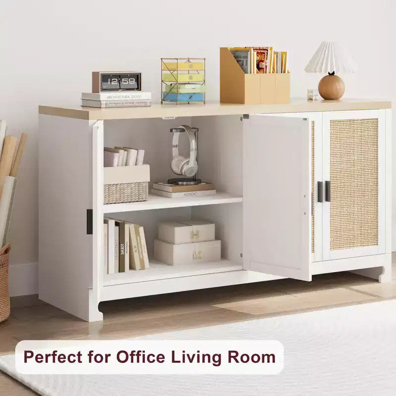 Credenza/Madia in Rattan, Consolle Contenitore in Stile Rustico con Ripiani Regolabili per Sala da Pranzo e Salotto