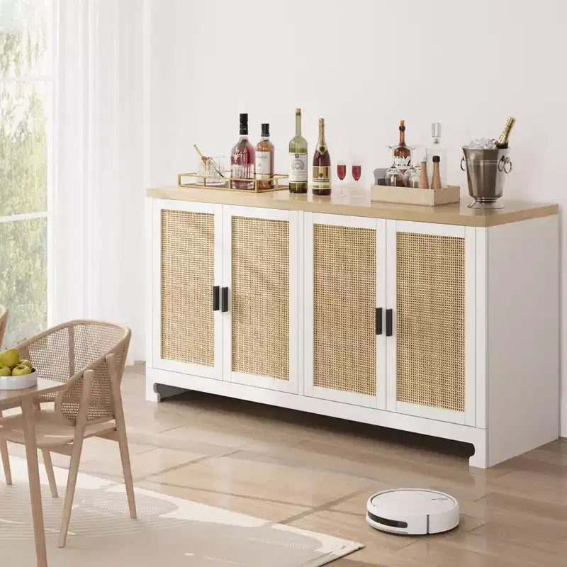 Credenza/Madia in Rattan, Consolle Contenitore in Stile Rustico con Ripiani Regolabili per Sala da Pranzo e Salotto