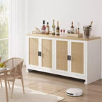 Credenza/Madia in Rattan, Consolle Contenitore in Stile Rustico con Ripiani Regolabili per Sala da Pranzo e Salotto