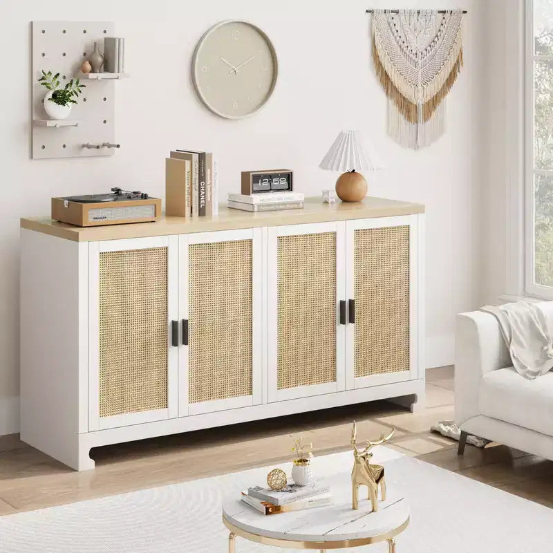 Credenza/Madia in Rattan, Consolle Contenitore in Stile Rustico con Ripiani Regolabili per Sala da Pranzo e Salotto
