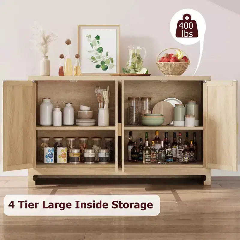 Credenza/Madia in Rattan, Consolle Contenitore in Stile Rustico con Ripiani Regolabili per Sala da Pranzo e Salotto