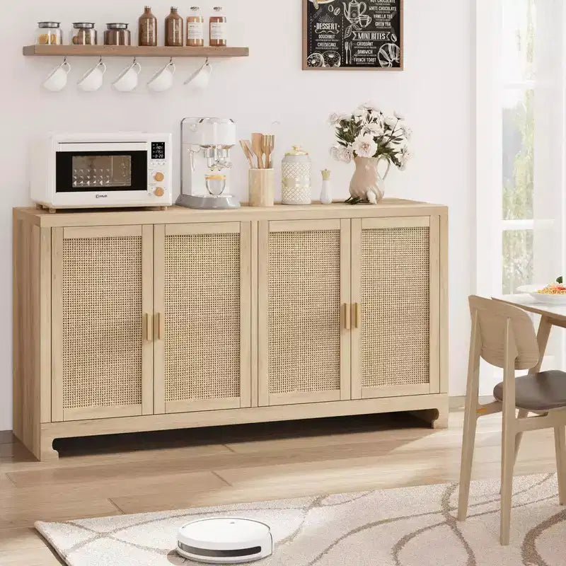 Credenza/Madia in Rattan, Consolle Contenitore in Stile Rustico con Ripiani Regolabili per Sala da Pranzo e Salotto