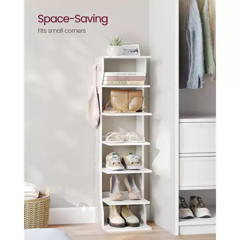 Scarpiera verticale a 7 ripiani, organizer per scarpe stretto alto 43,5" con 2 ganci e kit antiribaltamento, scaffale ad angolo salvaspazio per ingresso e camera da letto