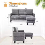 Karl Home | Divano a L a 3 posti in velluto a coste con braccioli quadrati, larghezza 68,5 pollici, colore nero con pouf contenitore