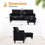 Karl Home | Divano a L a 3 posti in velluto a coste con braccioli quadrati, larghezza 68,5 pollici, colore nero con pouf contenitore