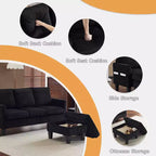 Karl Home | Divano a L a 3 posti in velluto a coste con braccioli quadrati, larghezza 68,5 pollici, colore nero con pouf contenitore