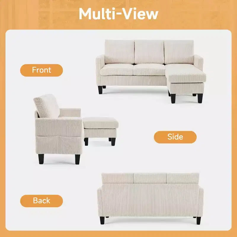 Karl Home | Divano a L a 3 posti in velluto a coste con braccioli quadrati, larghezza 68,5 pollici, colore nero con pouf contenitore
