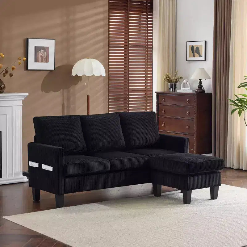 Karl Home |68.5 in. W Square Arm Corduroy L-shaped 3-Seat Sofa in Black with Storage Ottoman