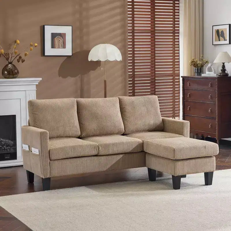 Karl Home | Divano a L a 3 posti in velluto a coste con braccioli quadrati, larghezza 68,5 pollici, colore nero con pouf contenitore