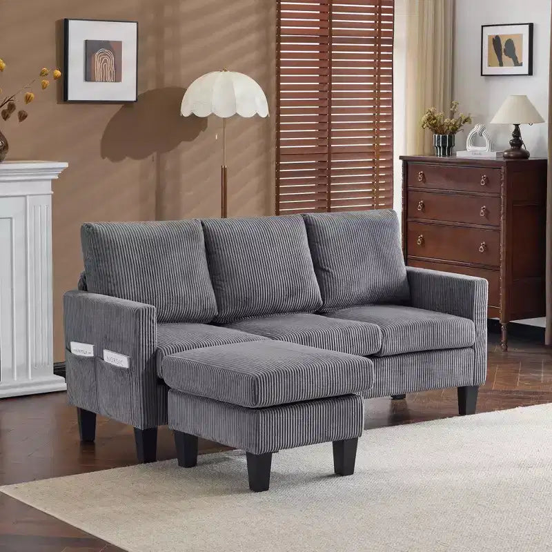 Karl Home | Divano a L a 3 posti in velluto a coste con braccioli quadrati, larghezza 68,5 pollici, colore nero con pouf contenitore