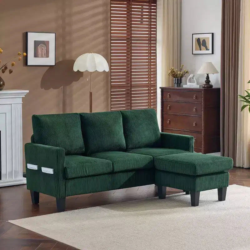 Karl Home | Divano a L a 3 posti in velluto a coste con braccioli quadrati, larghezza 68,5 pollici, colore nero con pouf contenitore