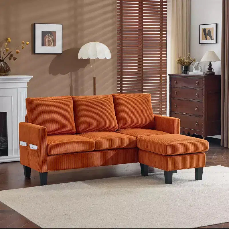 Karl Home | Divano a L a 3 posti in velluto a coste con braccioli quadrati, larghezza 68,5 pollici, colore nero con pouf contenitore