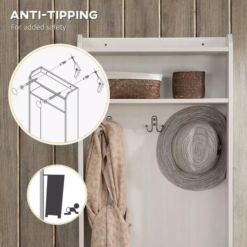 Appendiabiti rustico con panca porta scarpe e 3 ganci, appendiabiti con ripiani, portaoggetti per ingresso, soggiorno, corridoio, bianco