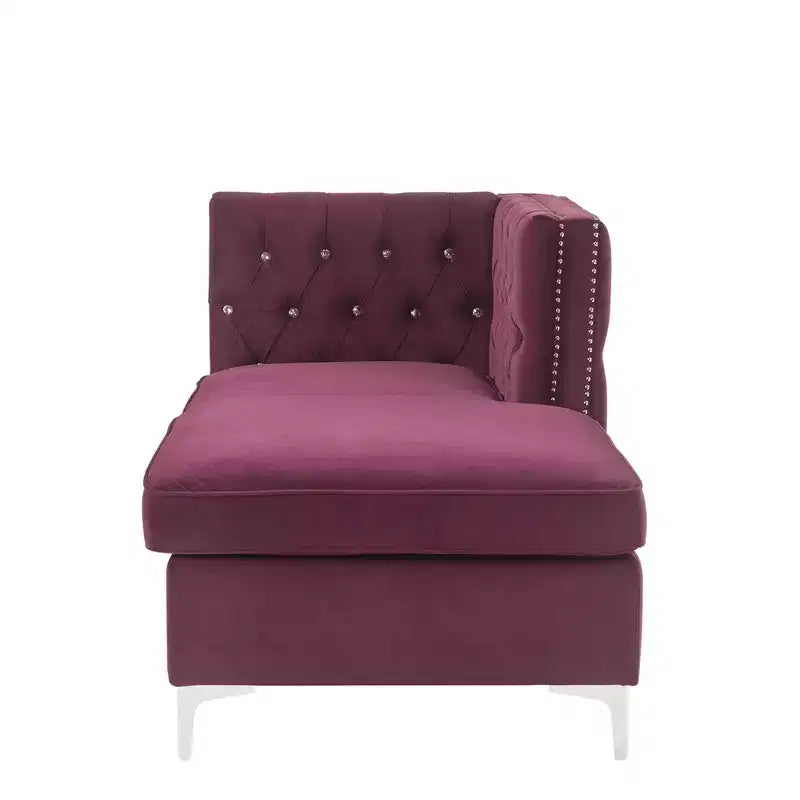 Jaszira Chaise Lounge 34", Velluto Borgogna: Elegante Bordo Borchiato, Struttura in Legno, Nessun Montaggio Richiesto