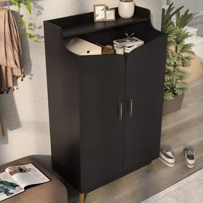 Scarpiera a due ante Tamworth nera: Contiene 15 paia, Ripiani regolabili, Stile Mid Century