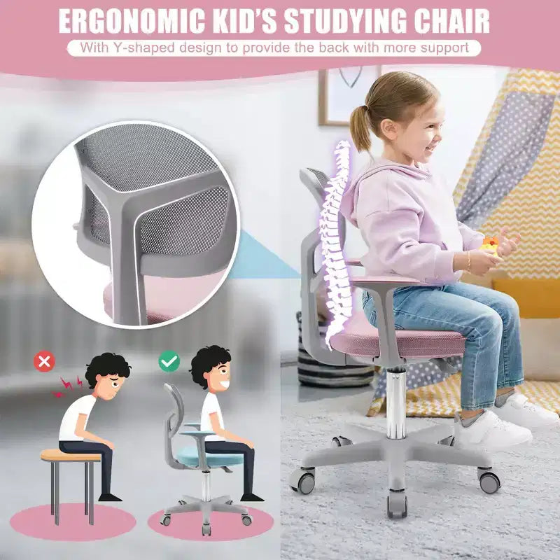Sedia da scrivania per bambini regolabile in altezza con rotelle con freno automatico Blu/Rosa