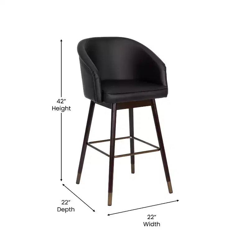 Sgabello da bar moderno Margo di grado commerciale con schienale medio, gambe in legno di faggio e schienale curvo