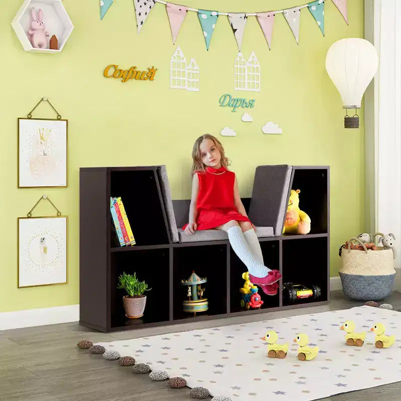 Mobile contenitore per bambini a 6 scomparti, libreria imbottita, scaffale multiuso per la lettura, marrone