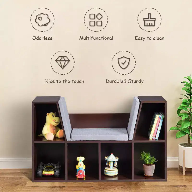 Mobile contenitore per bambini a 6 scomparti, libreria imbottita, scaffale multiuso per la lettura, marrone