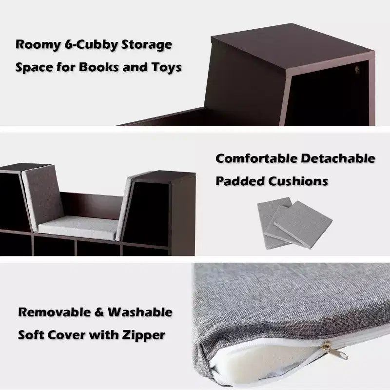 Mobile contenitore per bambini a 6 scomparti, libreria imbottita, scaffale multiuso per la lettura, marrone
